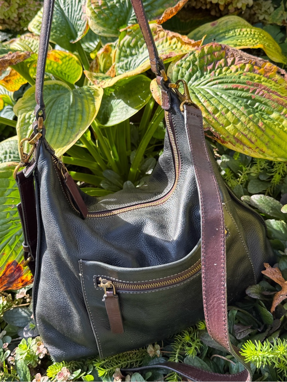 Fossil Black Leather Messenger Bag with Brown Strap